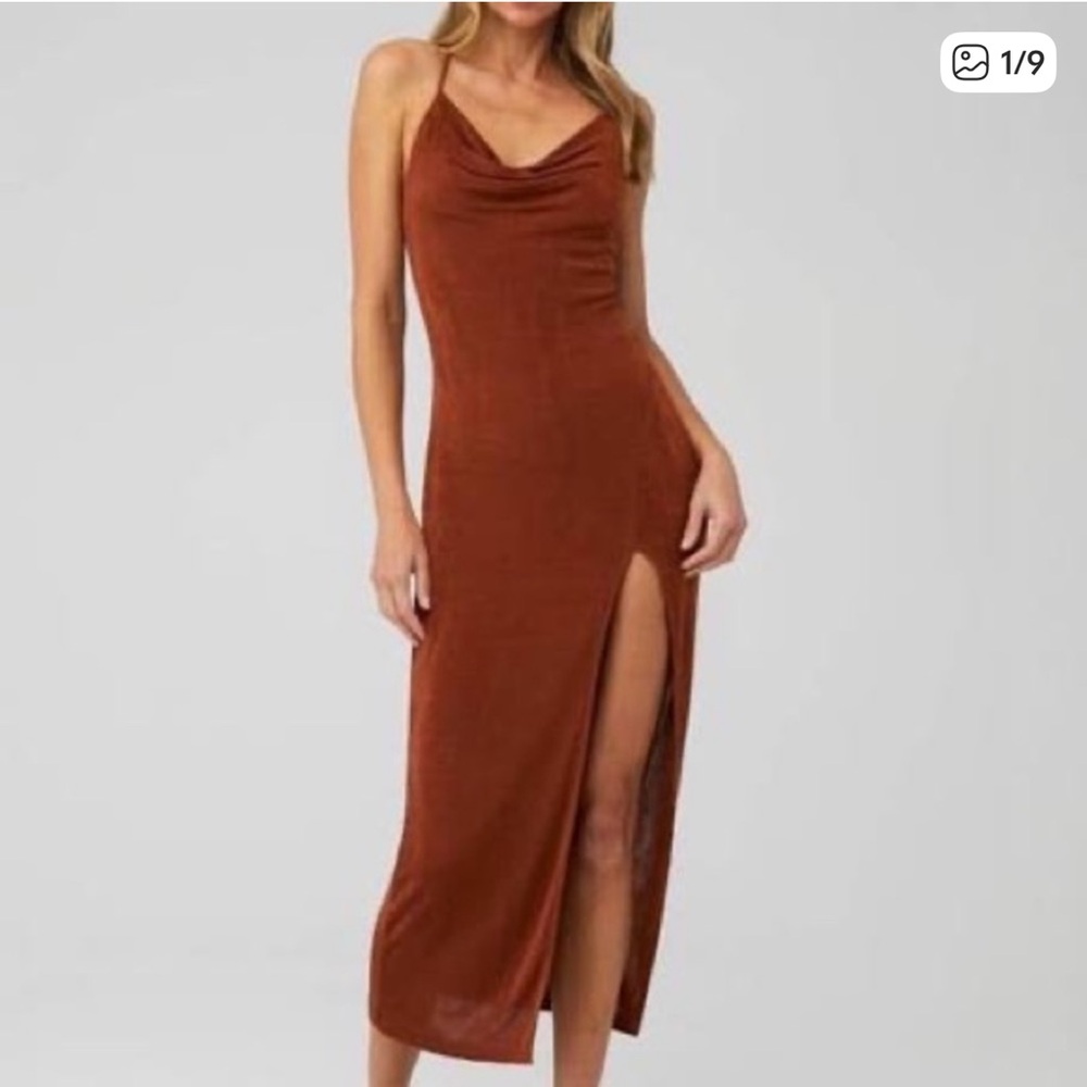Brown Cowl Neck Criss-cross Back Slinky Midi Dress With a Slit- 8